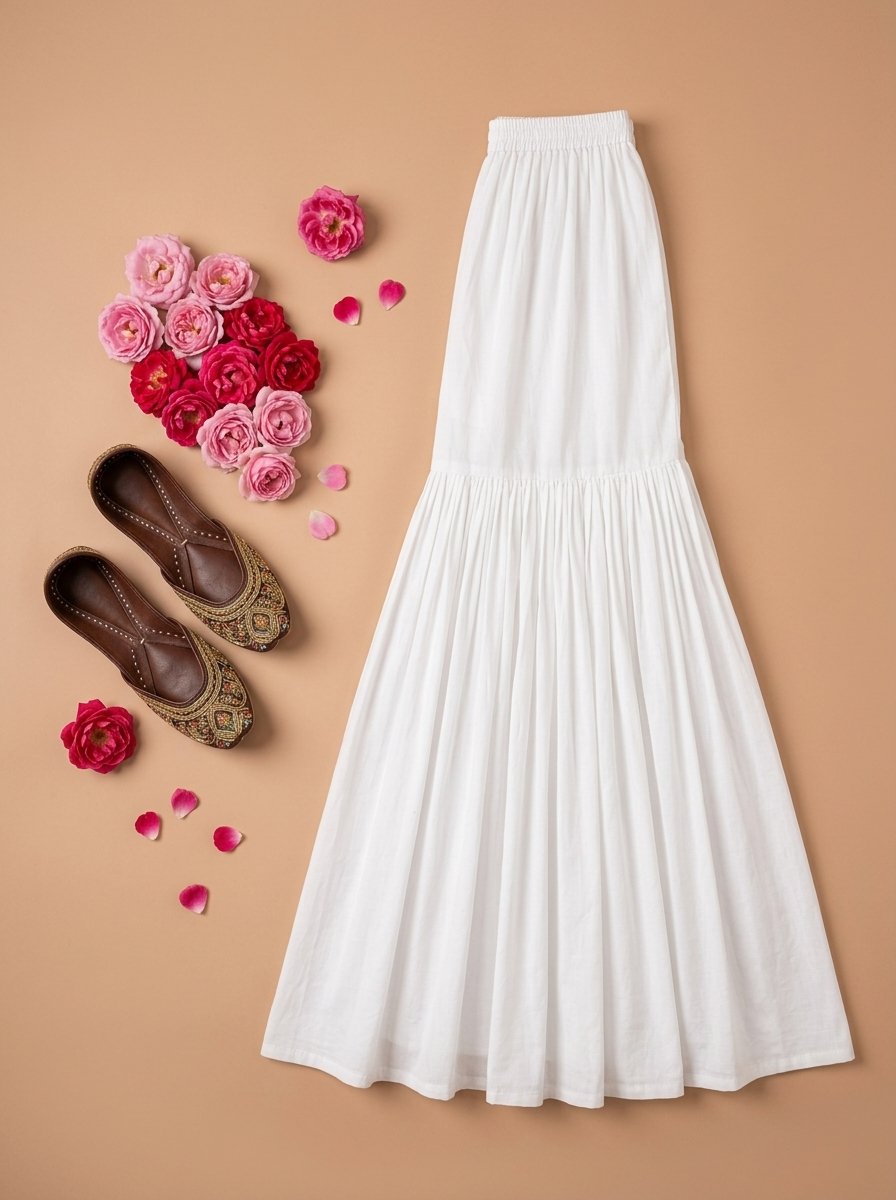 Woman wearing white gharara pants in dyeable cotton, waist-down view