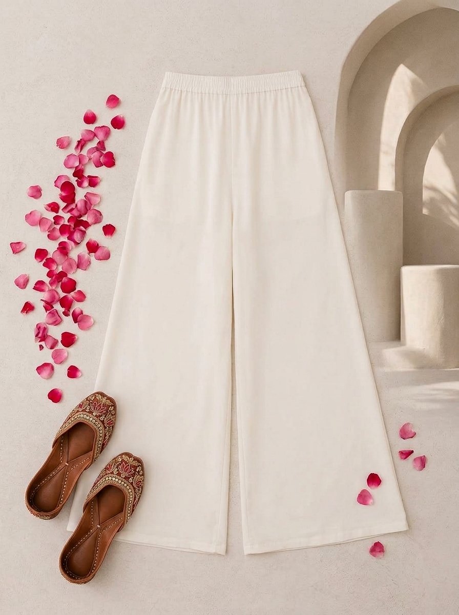 Woman wearing white culottes pants in dyeable cotton, waist-down view