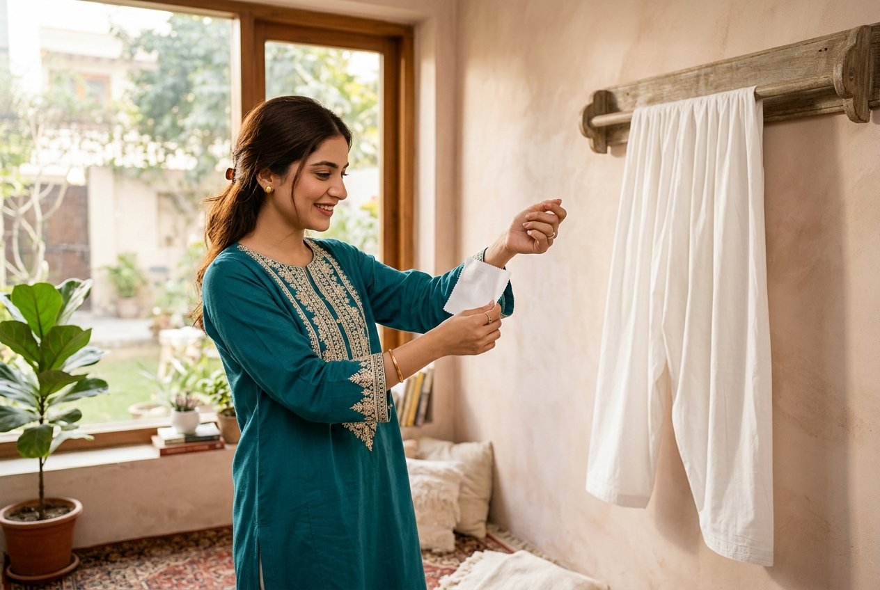 Woman comparing her teal kurta to a fabric swatch to dye white shalwar to match