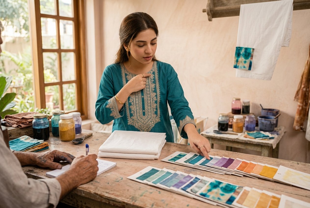 Woman checking shalwar dyeing cost at a dyer's counter with a white shalwar and teal kurta